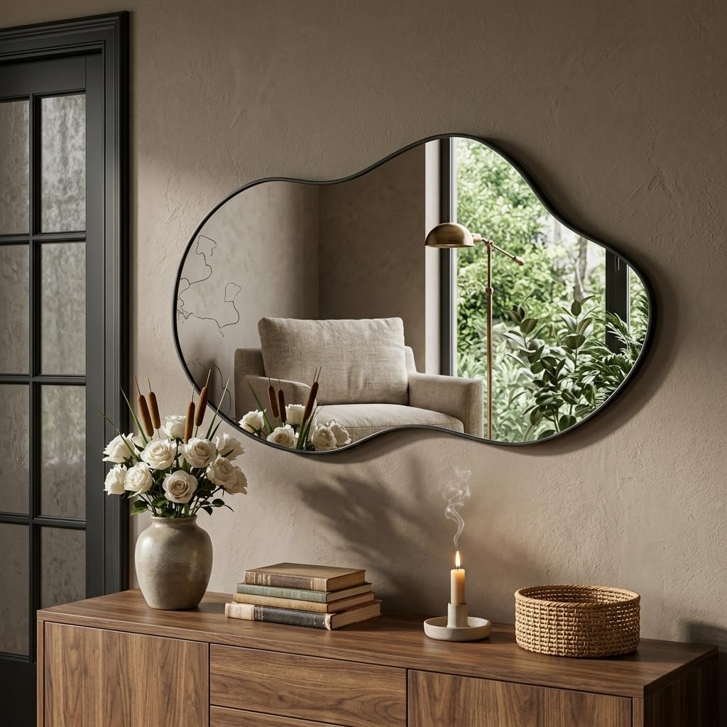 Irregular Wall Mirror 24×40 Inch Wall Mirrors Decorative Black Modern Asymmetrical Abstract Mirror for Bathroom Bedroom Living Room Entryway Hallway