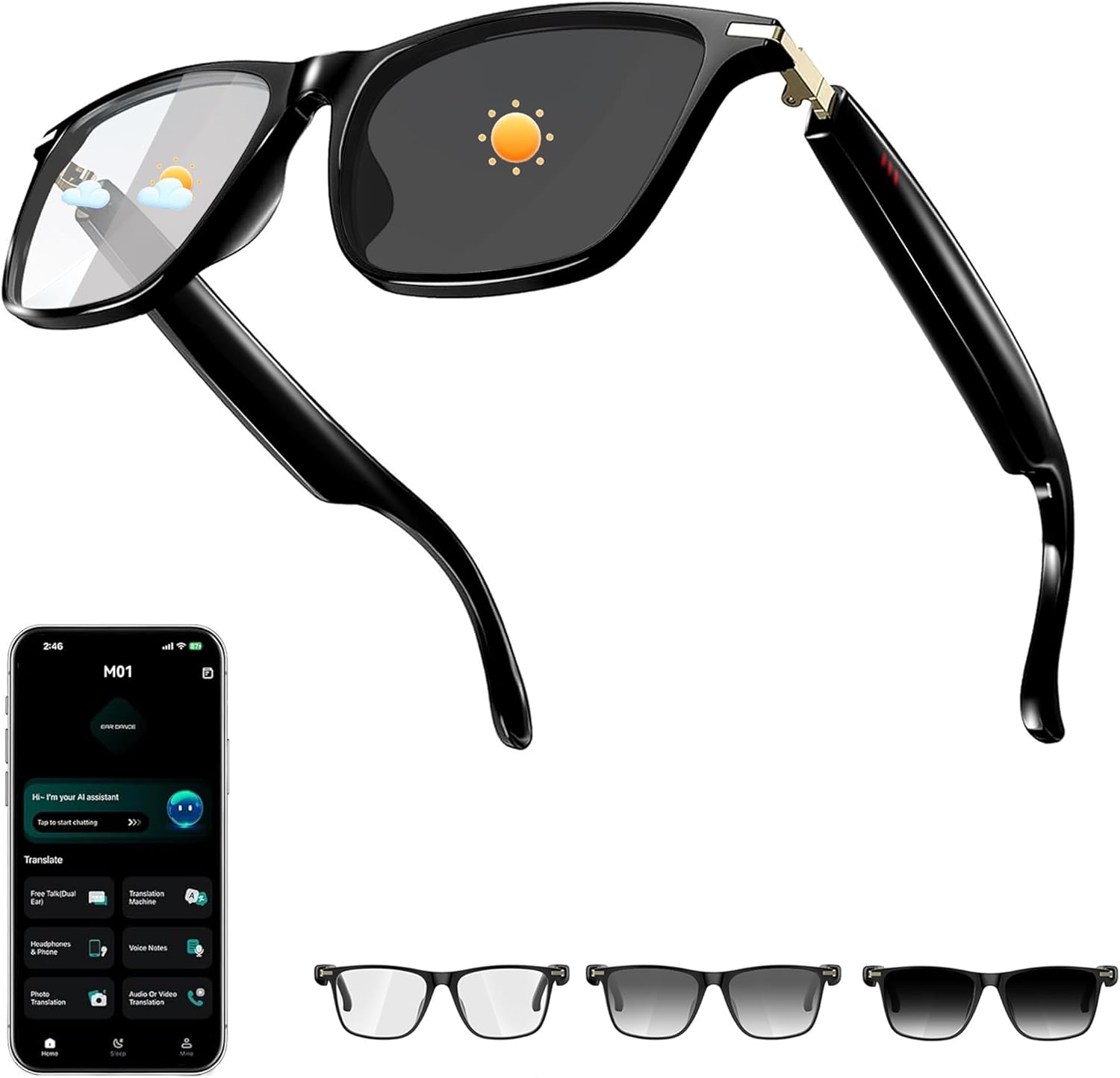 AI Smart Glasses with ChatGPT, Bluetooth Glasses with 164+ Language & Accents, Photochromic Lens, Open-Ear Audio, Music & Hands-Free Calls, Voice Control, UV & Blue Light Protection, for Men & Women