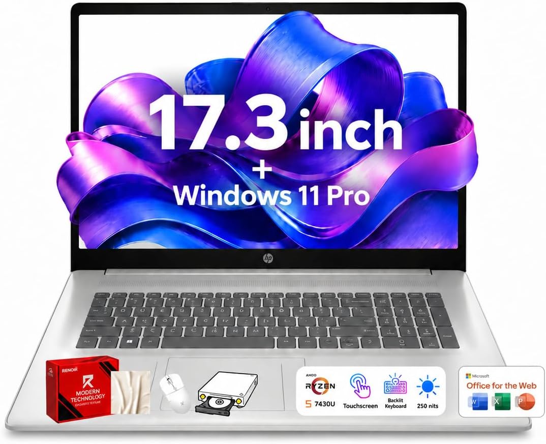 HP 17 Touchscreen Laptop (2026), AMD Ryzen 5 7430U, 32GB RAM 1TB SSD, Windows 11 Pro, WiFi 6, Backlit Keyboard, w/Office for Web, Accessories for Business & Students