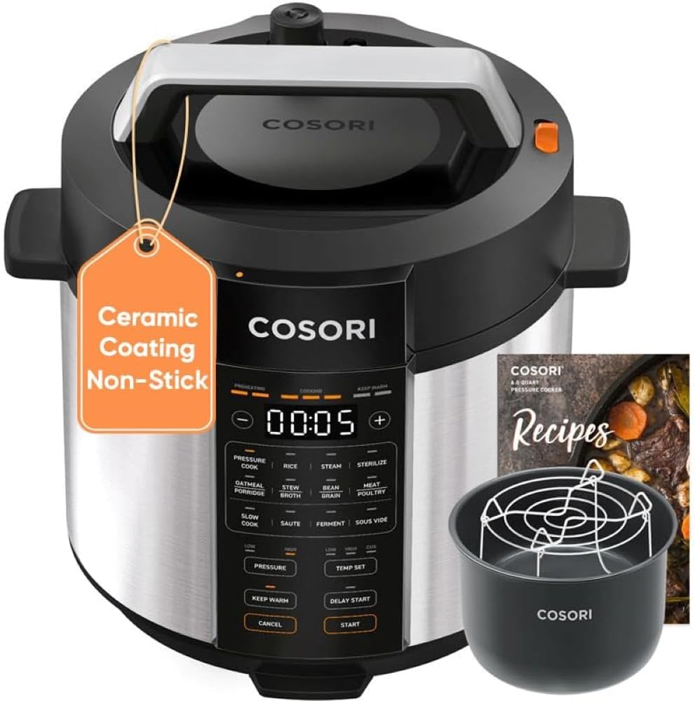Cosori Pressure Cooker 6QT, Stainless Steel, 9-in-1 Multi Cooker, 12 Safety Features, Ceramic Coating Inner Pot, Rice, Slow Cook, Sous Vide, Saute, 1100W