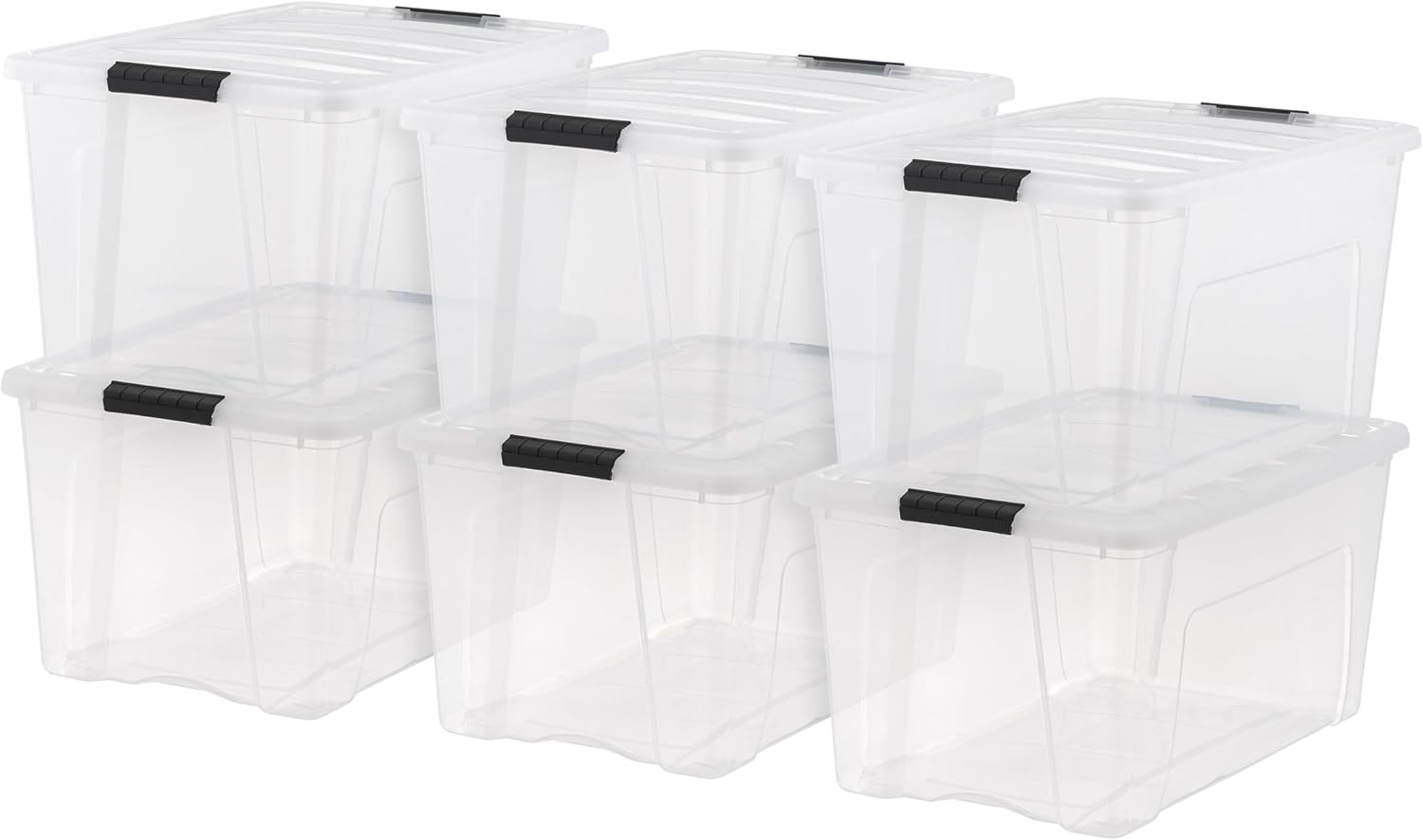 IRIS USA 72 Qt Stackable Plastic Storage Bins with Lids, 6 Pack – BPA-Free, Made in USA – See-Through Organizing Solution, Latches, Durable Nestable Containers, Secure Pull Handle – Clear