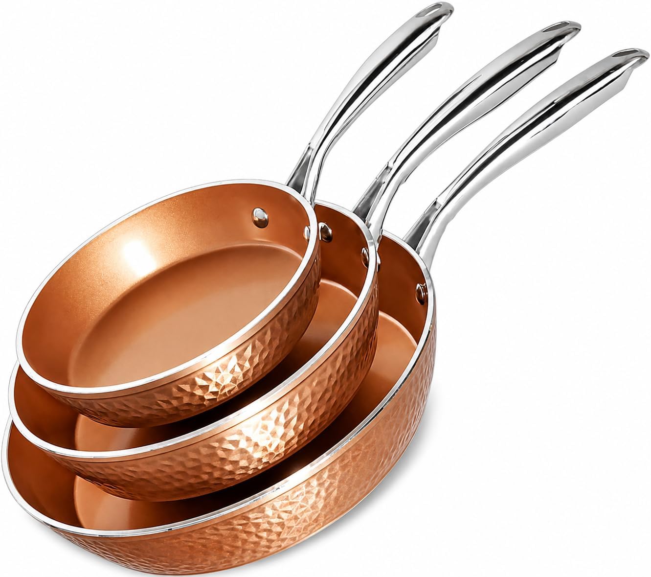 Gotham Steel Hammered Frying Pan Set, 3 Piece Nonstick Copper Fry Pans, 8”, 10” & 12” Skillet, Omelet Pan, Cookware, PFOA Free, Dishwasher Safe, Cool Touch Handle | 8, 10, 12″ Fry Pans, Non Toxic PFOA/PFOS/PTFE Free, Induction Compatible, Oven and Dishwasher Safe