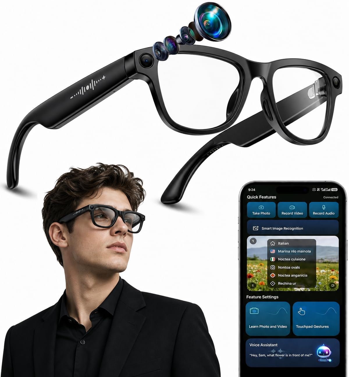 AI Smart Glasses with 8MP 4K Camera Glasses, 2026 1200P Video Recording Glasses for Women & Men, 139 Languages Real-Time Translation, Voice Assistant, Open-Ear Audio for Travel, Meetings & Vlogging