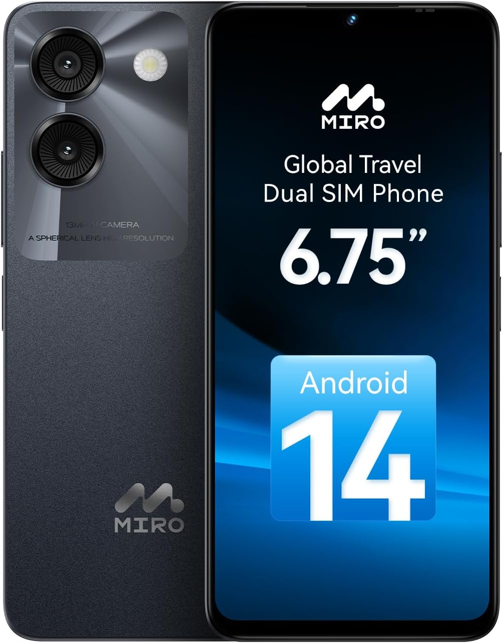 MIRO Smartphone Ultra-Light 6.75″ Big Screen 4G+64GB Internal(1TB Expandable Storage) 13MP AI Dual Camera 5MP Front Cam 4900mAh Battery Android 14 Dual SIM Global Compatible(Black)
