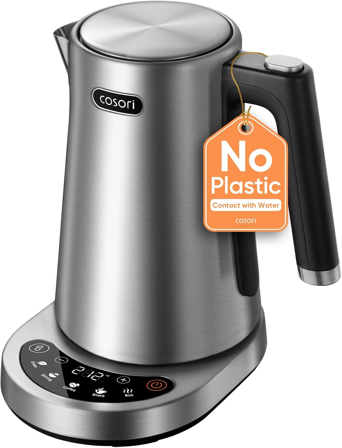 Cosori Stainless Steel Electric Kettle with Temperature Control, 1.7L | No Plastic Contact with Water, 5 Presets, ±5°F Temp Control, 60-Min Keep Warm, Dual Lid Opening, Tea, Coffee & Hot Water