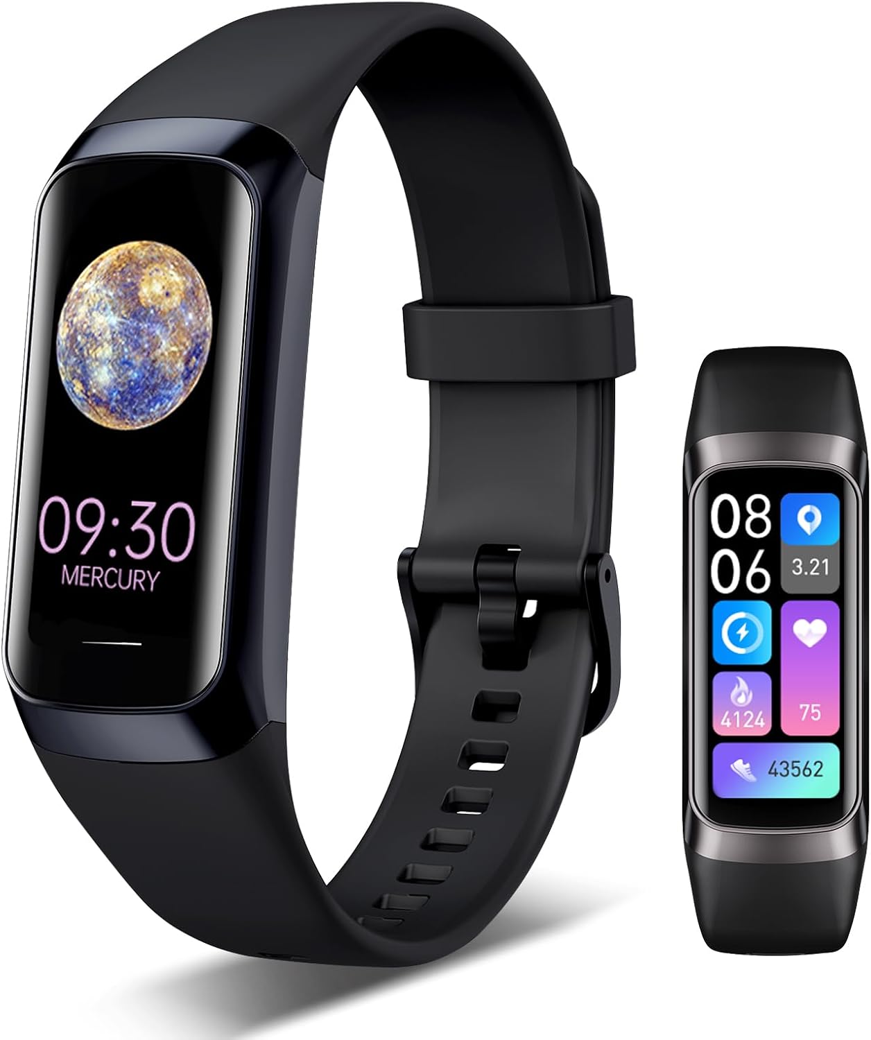 Fitness Tracker, 24/7 Heart Rate Blood Oxygen Blood Pressure Body Temp Monitor Sleep Calorie Tracker with 1.1″ AMOLED Touch Color Screen Pedometer Smart Watch Waterproof for Women Men