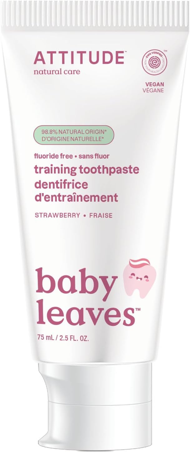 Attitude Fluoride-Free Baby Toothpaste, Safe Training Toothpaste, Natural Origin Ingredients, Gentle Oral Care for Babies & Toddlers, Strawberry Flavor, 2.6 Oz