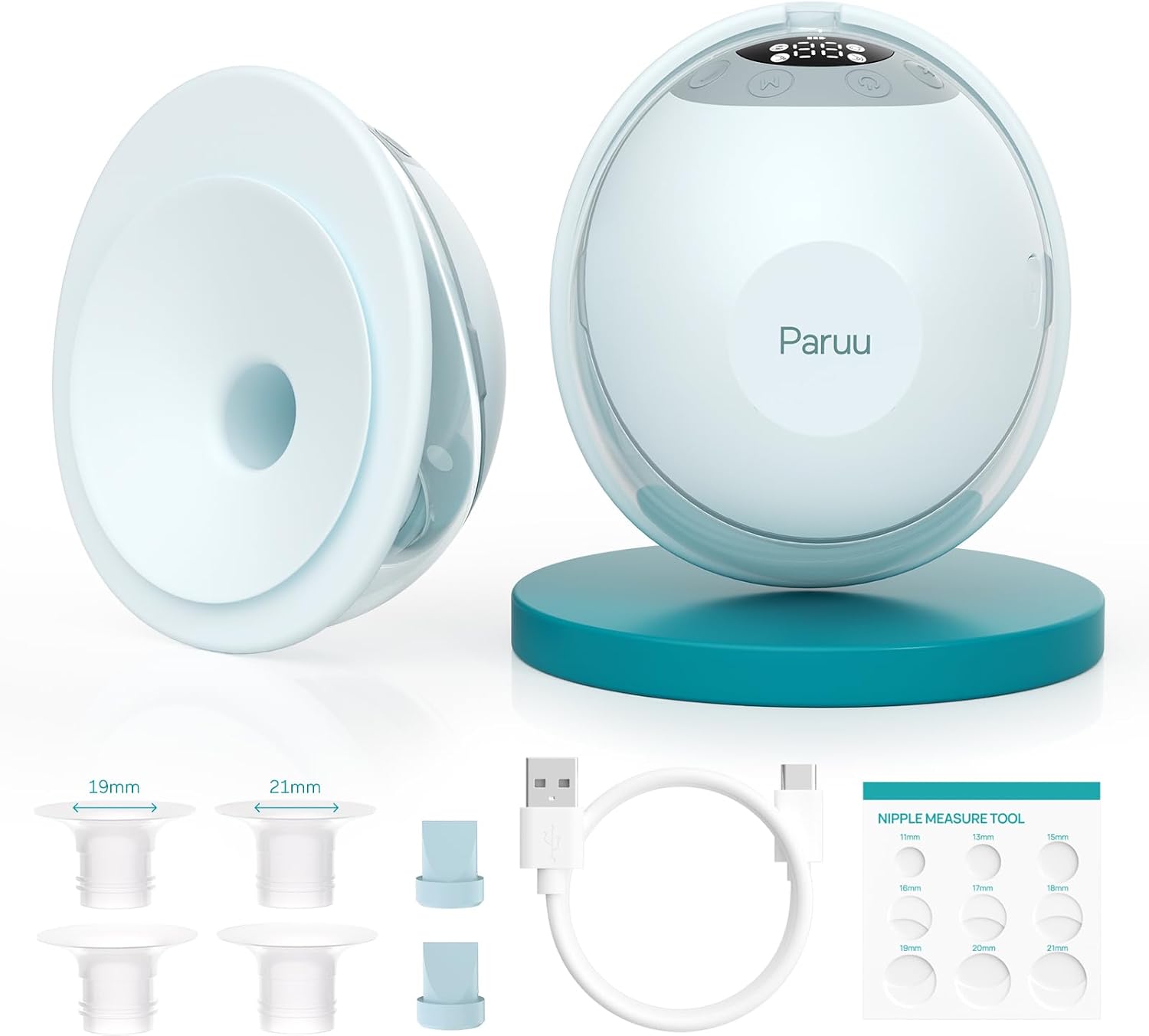 Paruu P20 Electric Breast Pump Hands Free, 4 Modes & 12 Levels Suction with 19/21/24mm Double-Sealed Flange/Insert, Wearable & Portable, Visual Design of Time and Milk Volume (2 Pack, Light Green)