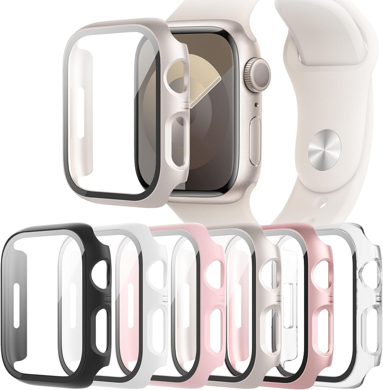 6-Pack Case Compatible with Apple Watch Series 9 8 7 41mm with Tempered Glass Screen Protector, QCKANLJ Ultra-Thin Hard PC Full Protective Face Cover Bumper for iWatch 41 mm
