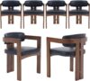 chairus Modern Dining Chairs Set of 6, Faux Leather Upholstered Barrel Dining Room Chairs with Curved Back, Farmhouse Walnut Solid Wood Side Chairs for Kitchen Living Room Restaurant, Black PU
