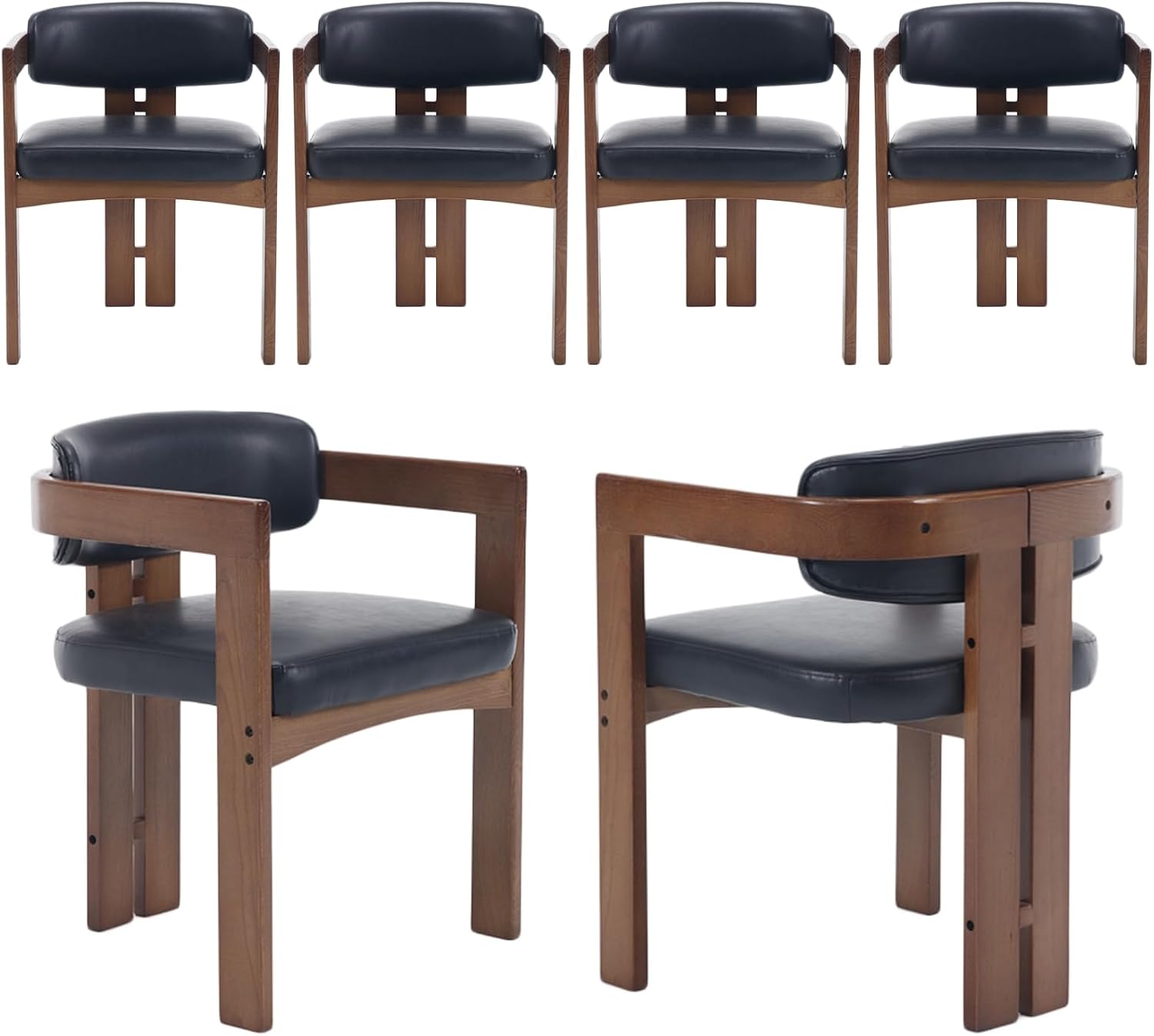 chairus Modern Dining Chairs Set of 6, Faux Leather Upholstered Barrel Dining Room Chairs with Curved Back, Farmhouse Walnut Solid Wood Side Chairs for Kitchen Living Room Restaurant, Black PU