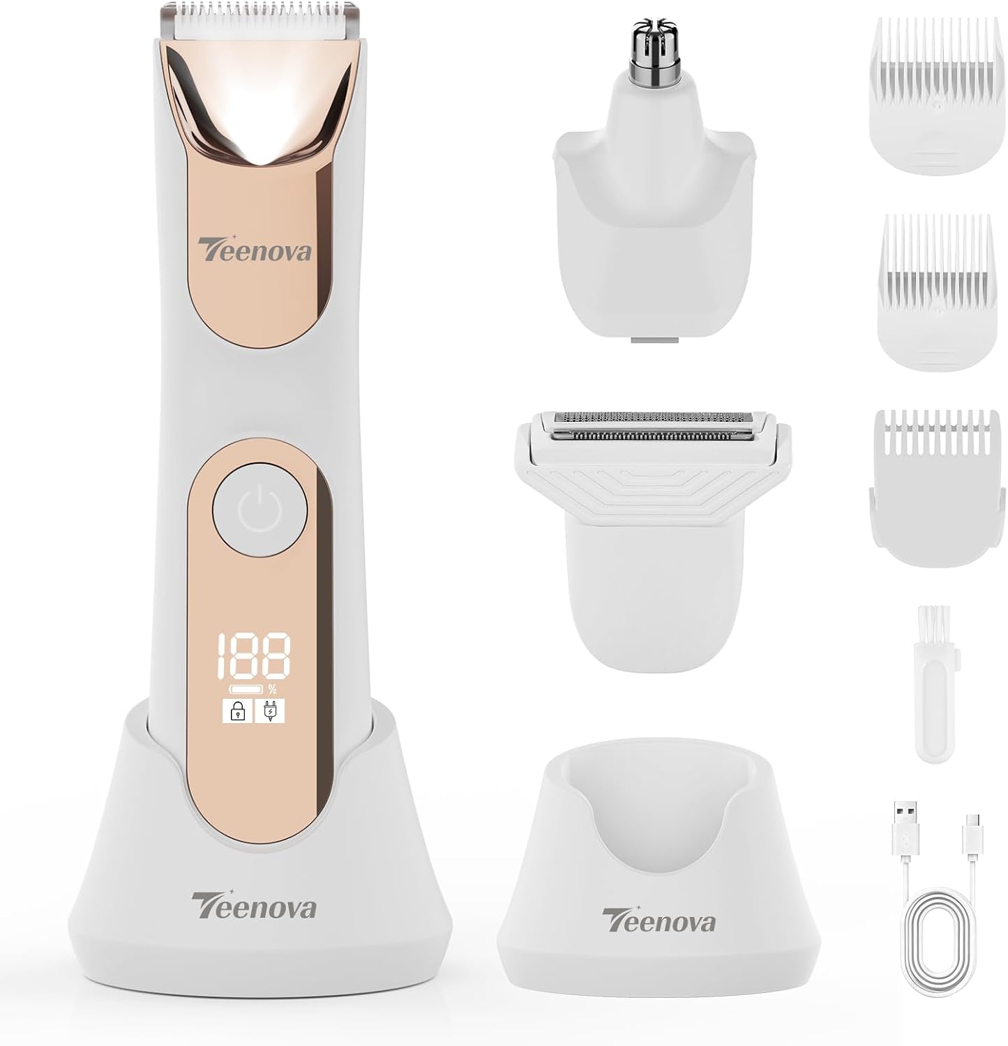 Manscape Body Hair Trimmer for Men, No Nick Pubic Bikini Trimmer for Women, 3 in 1 Versatile Groin Shaver with Nose Hair Trimmer, Cordless Dock Charging, LED Display, Wet/Dry Grommer (White)