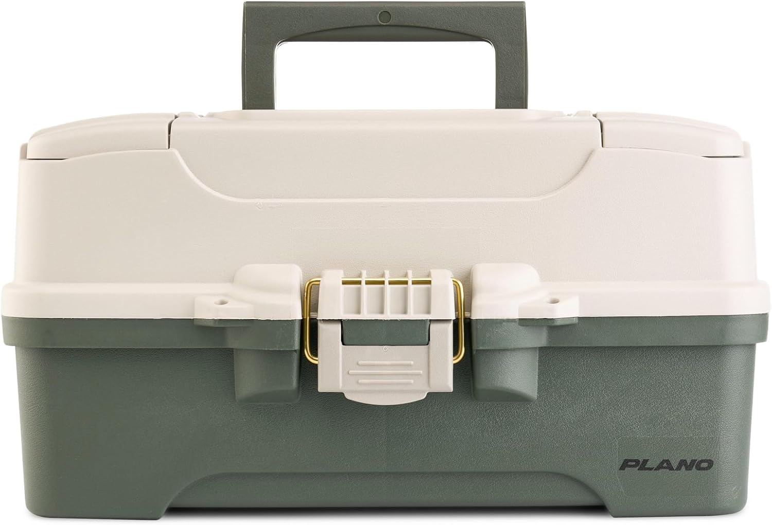 Plano Three-Tray Tackle Box, Green/Tan, Rust-Proof Brass Latch, Top-Access Tray with Deep Storage, Made in the USA, Portable Fishing Gear Storage Organizer
