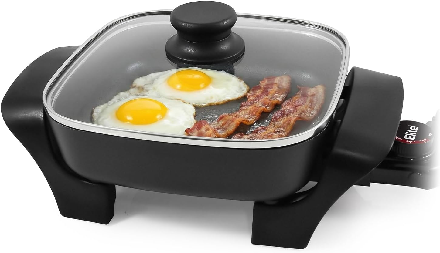 Elite Gourmet EG808 Electric Skillet 8″x8″ Non-Stick Coating, Tempered Glass Lid, Removable Thermostat 200°F–400°F, Dishwasher Safe, 600W Compact 2.5-Qt Capacity for Eggs, Bacon & One-Pot Meals, Black