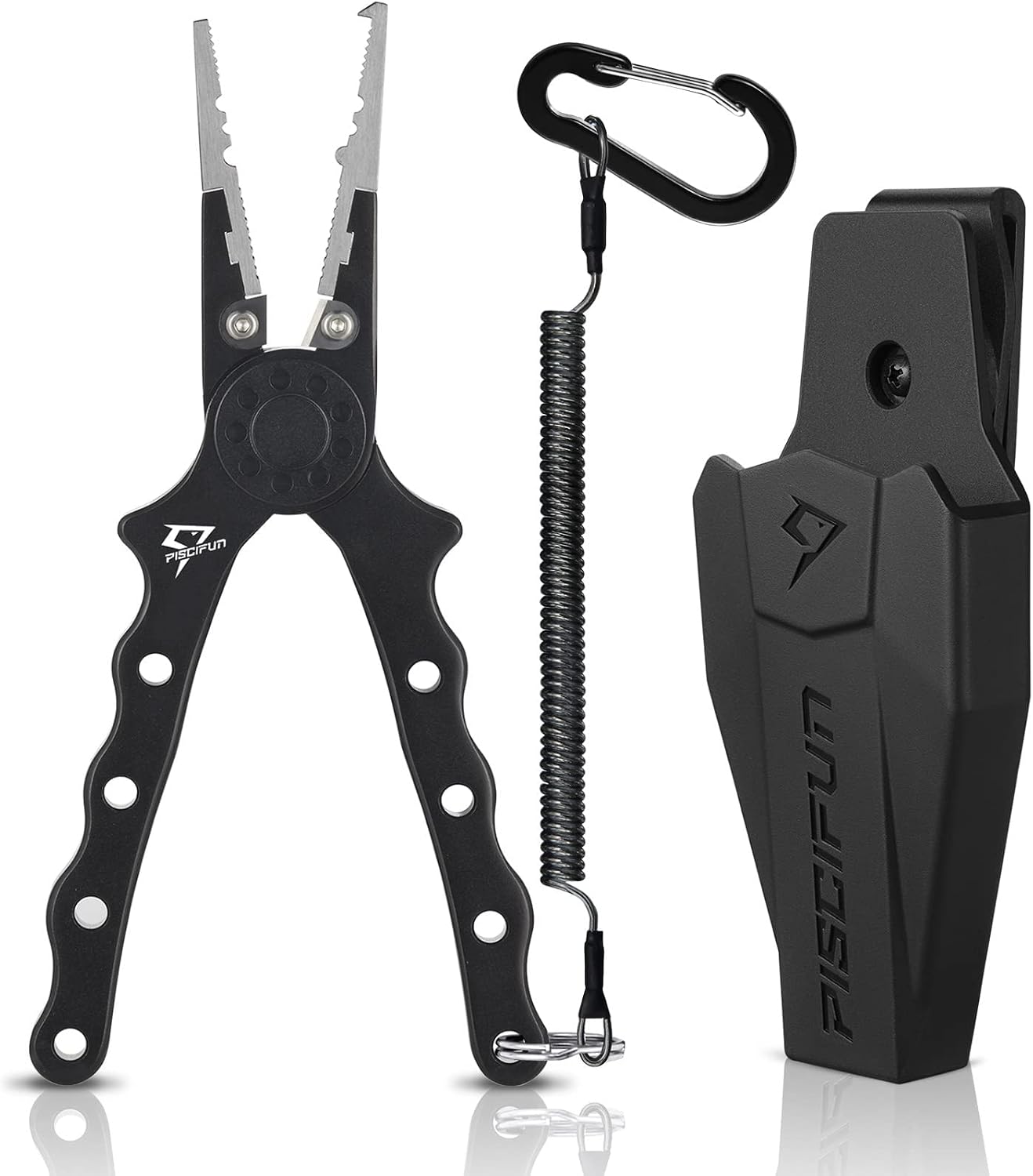 Piscifun Saltwater Fishing Pliers, Aluminum, Split Ring, Braid Cutter | Hook remover, tungsten carbide blade, spring-loaded jaws, ergonomic grip, sheath and lanyard