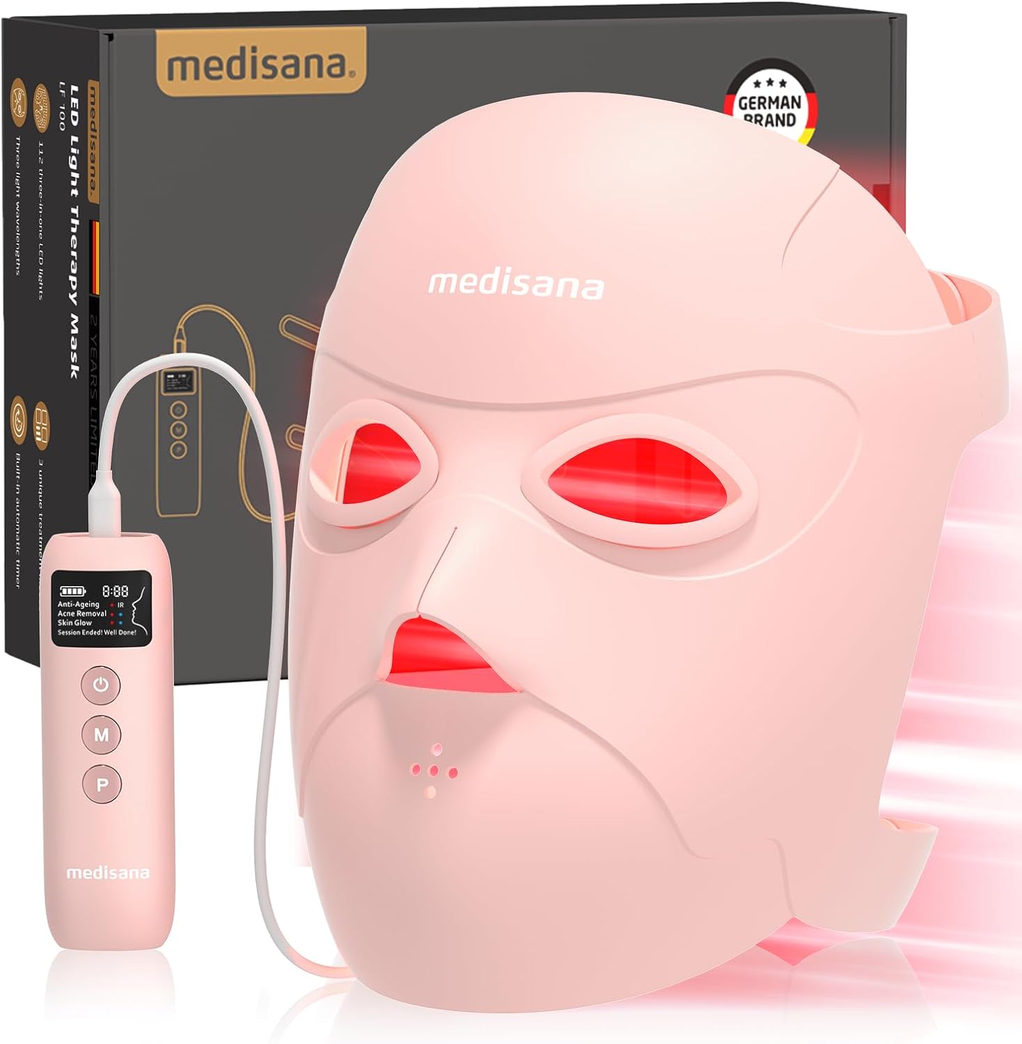 Medisana 3D Red Light Therapy Mask for Face, 336 LEDs Light Therapy Mask with 3 Modes – NIR 830nm, Red 630nm, Blue 415nm – Cordless & Rechargeable LED Face Mask for Home, Skincare Gifts (Pink)