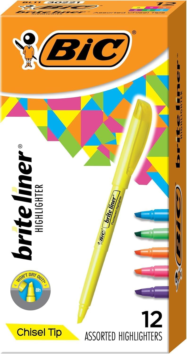 BIC Brite Liner Highlighters, Chisel Tip, School Supplies for Students and Teachers, Ideal for Notes and Textbooks, 12-Count Pack in Assorted Colors