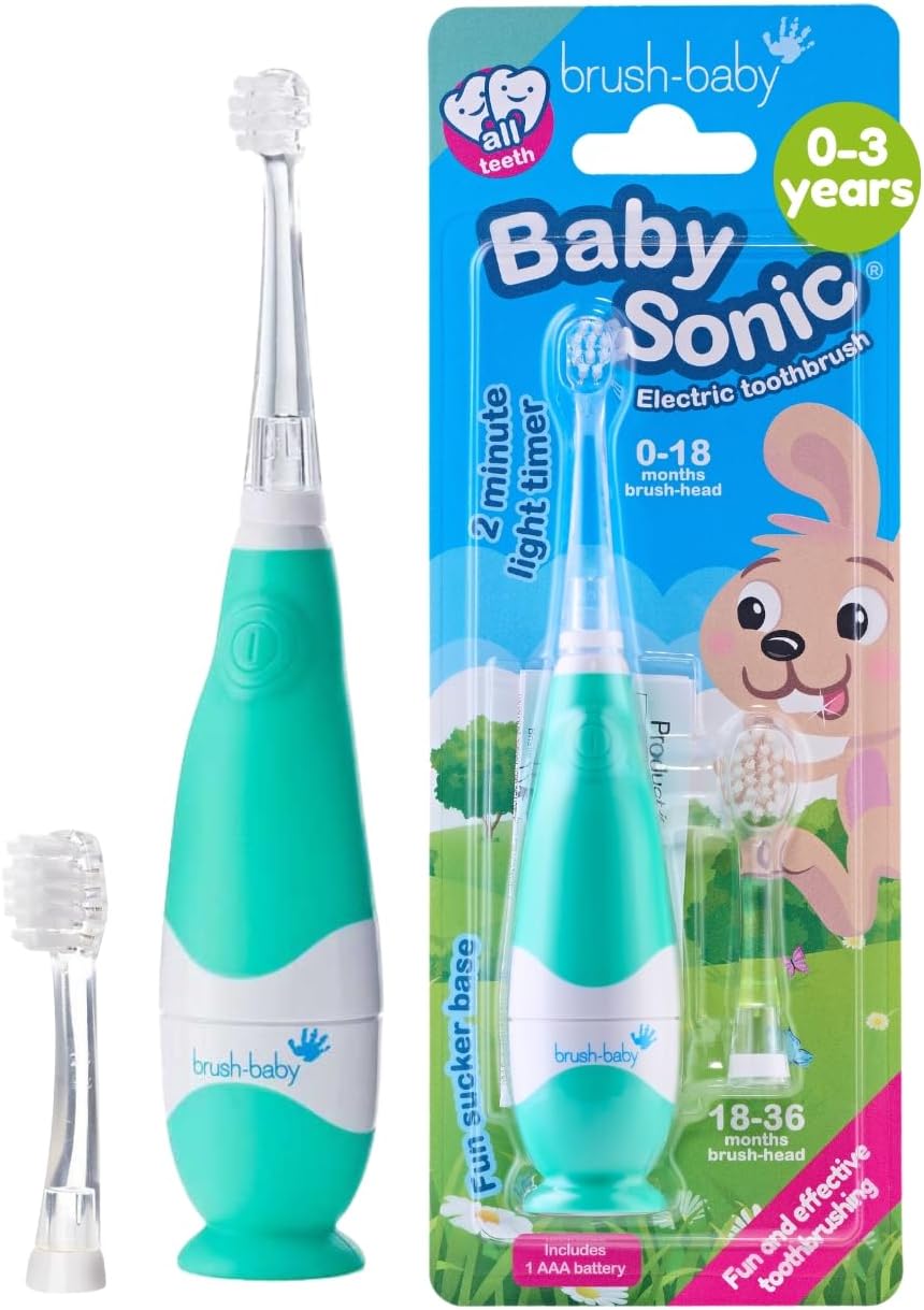 brush-baby BabySonic Infant and Toddler Electric Toothbrush for Ages 0-3 Years – Smart LED Timer and Gentle Vibration Provide a Fun Brushing Experience – Includes 2 Sensitive Brush Heads (Teal)
