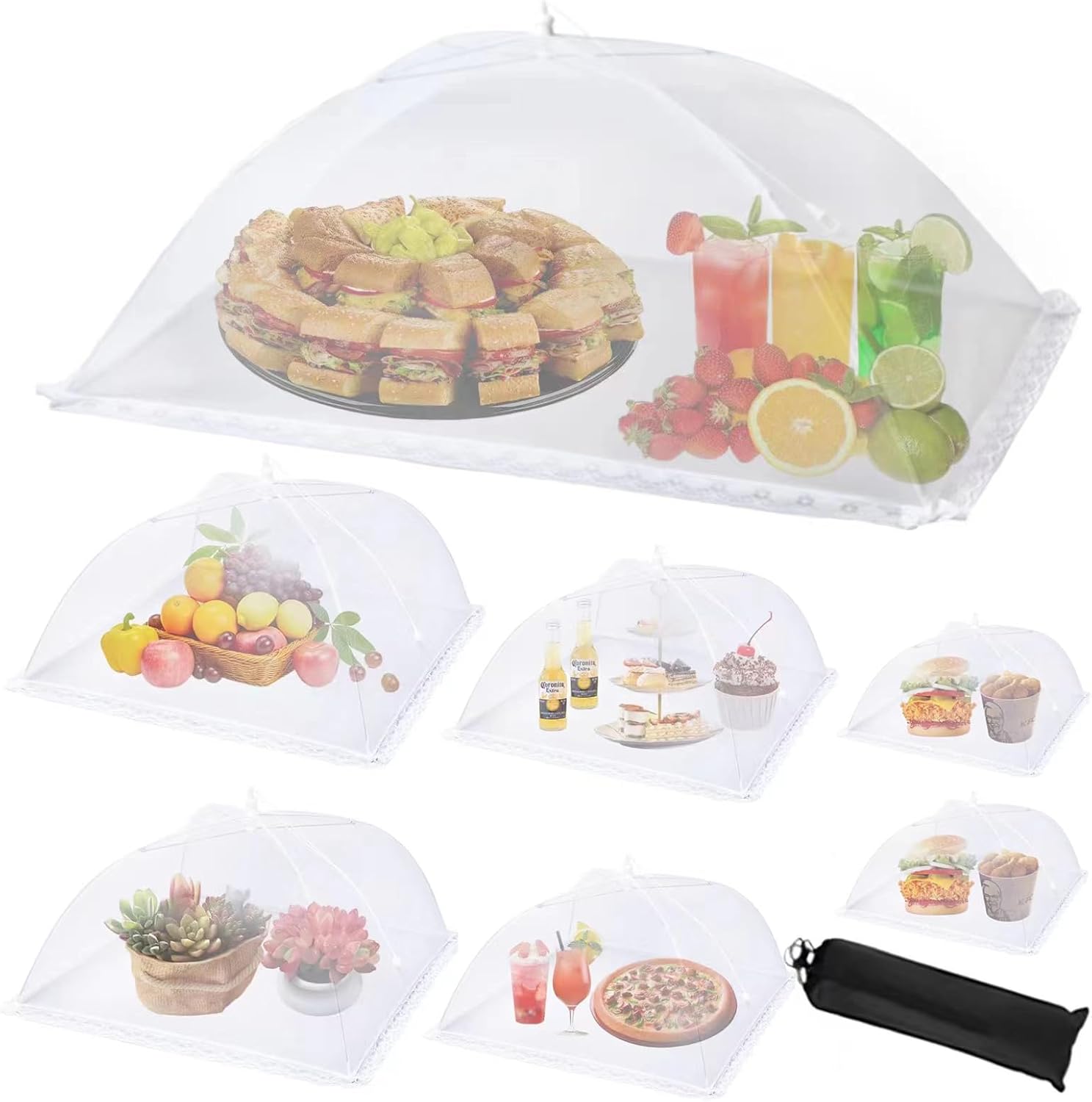 7Pack Various Size (40×24*1,17×17*2,14×14*2,12×12*2) Pop-up Food Tents Food Covers for Outside Mesh to Keep Bugs away,Reusable Collapsible Food Nets for Picnic Party BBQ Wedding Fruit