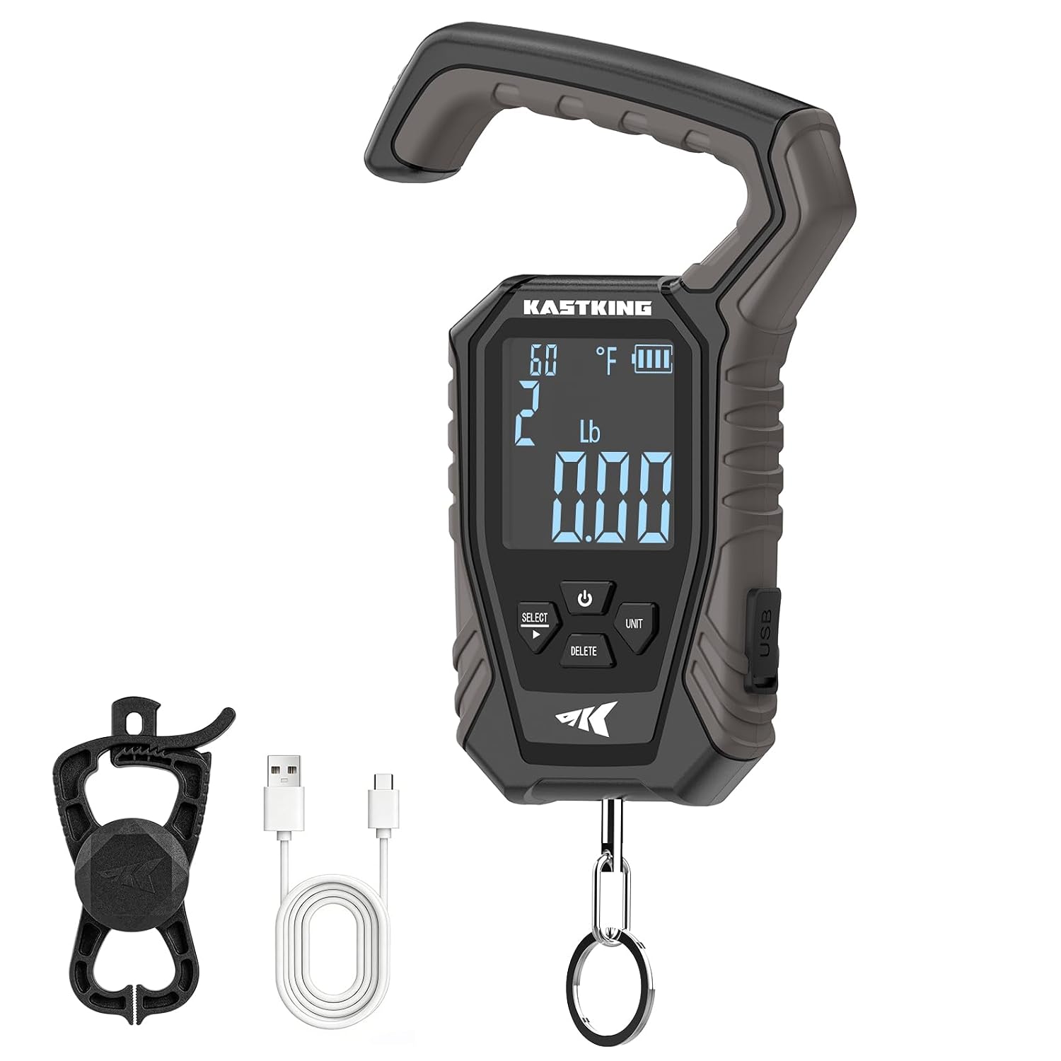 KastKing Weighmaster Mechanical-Digital Fishing Scale with Lip Gripper, 120 lb Capacity, 2.5″ Backlit Display, High-Precision Sensor, 9 Weight Memory, Temperature Detection, IPX6 Waterproof