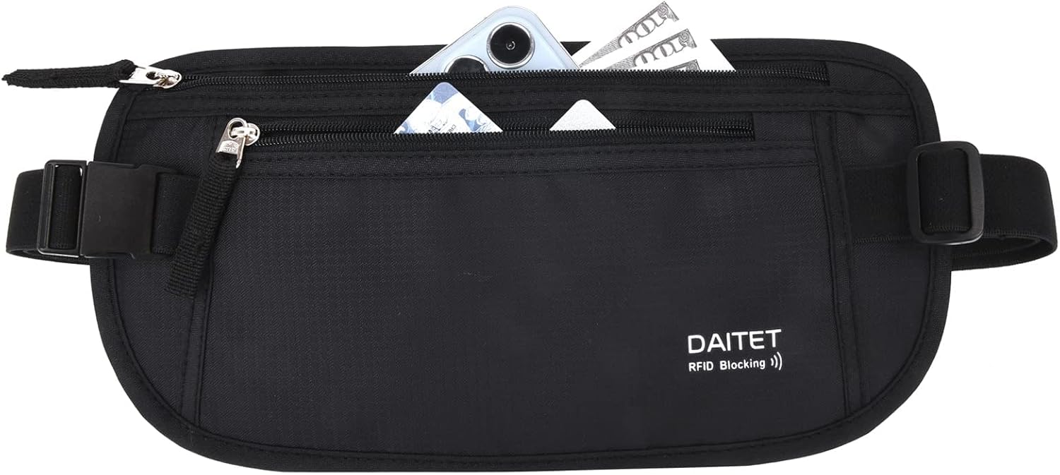 Money Belt – Passport Holder Secure Hidden Travel Wallet with RFID Blocking, Undercover Fanny Pack (Black)