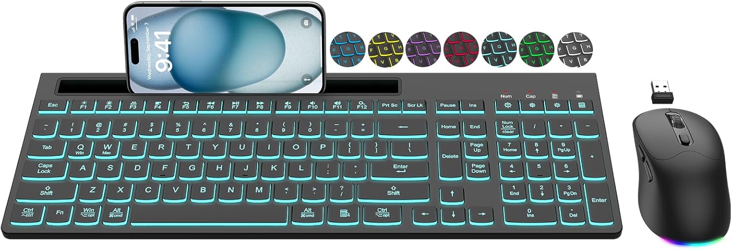 Wireless Keyboard and Mouse Combo, 7 Backlit Effects, Light Up Letters, Rechargeable, Phone Holder, 6 Button Mouse, Ergonomic Tilt Angle, 2.4GHz Silent USB Keyboard Mouse for Laptop, PC