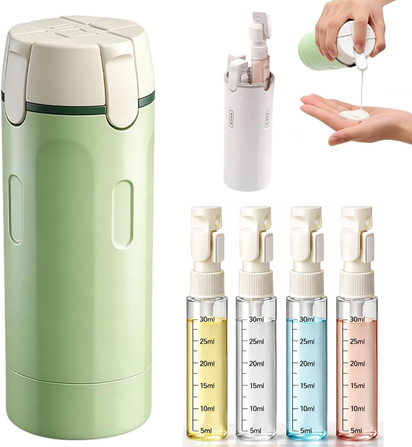 4 in 1 Travel Dispenser Bottle,Leak Proof Refillable Bottles Store Shampoo, Lotion and More,Transparent with Scale, Easy Squeeze Use, Lightweight & Portable Perfect for Travel,Gym,Camping (Green)