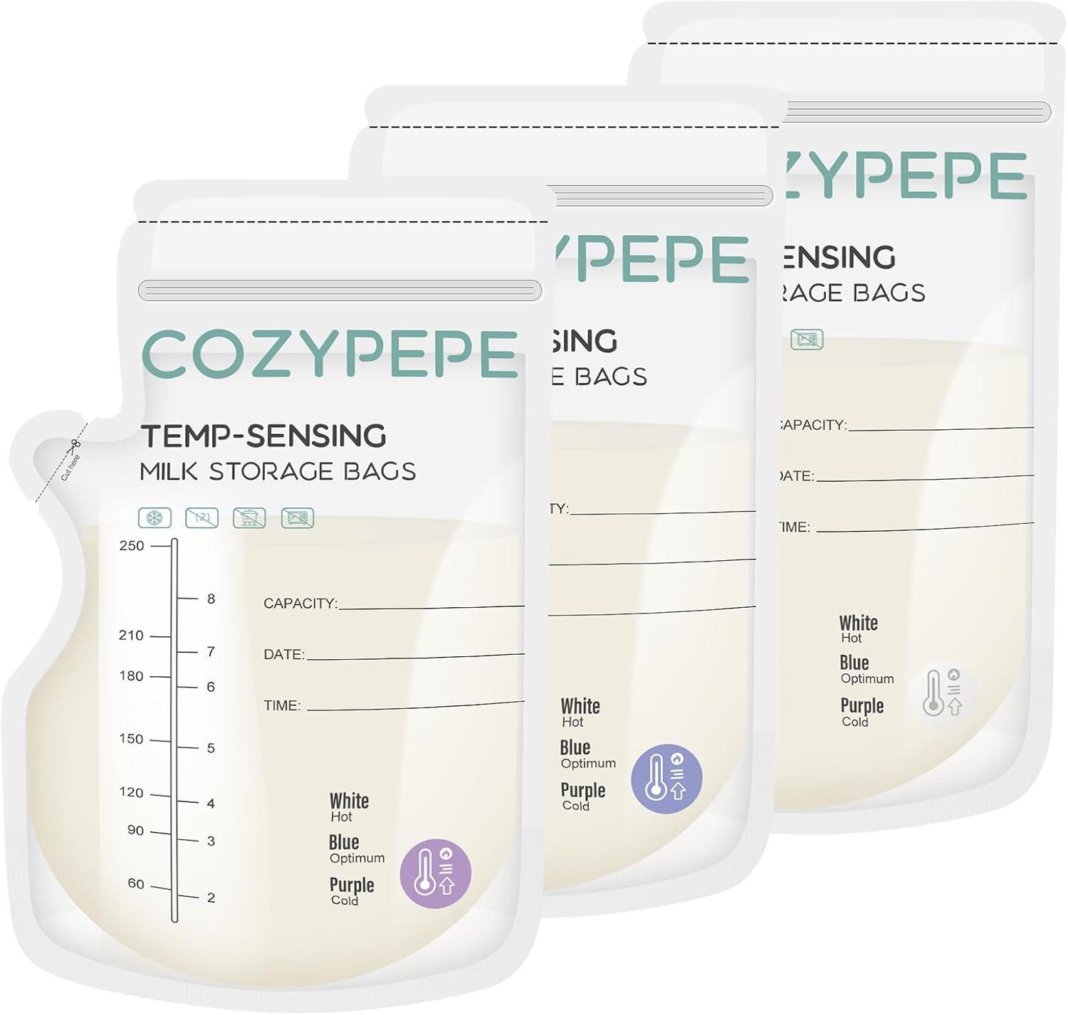 100 Pcs Breastmilk Storage Bags, 8Oz Breast Milk Storing Bag with Pour Spout, Temperature-Sensing Color Change Milk Bag for Convenient Breastfeeding, No Leak Presterilized for Freezer