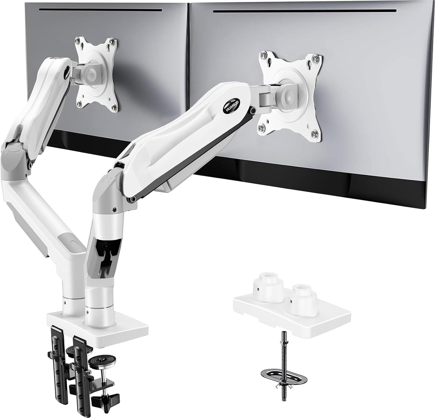HUANUO Dual Monitor Stand – Full Adjustable Monitor Desk Mount Swivel Vesa Bracket with C Clamp, Grommet Mounting Base for 13 to 32 Inch Computer Screens – Each Arm Holds 4.4 to 19.8lbs – White