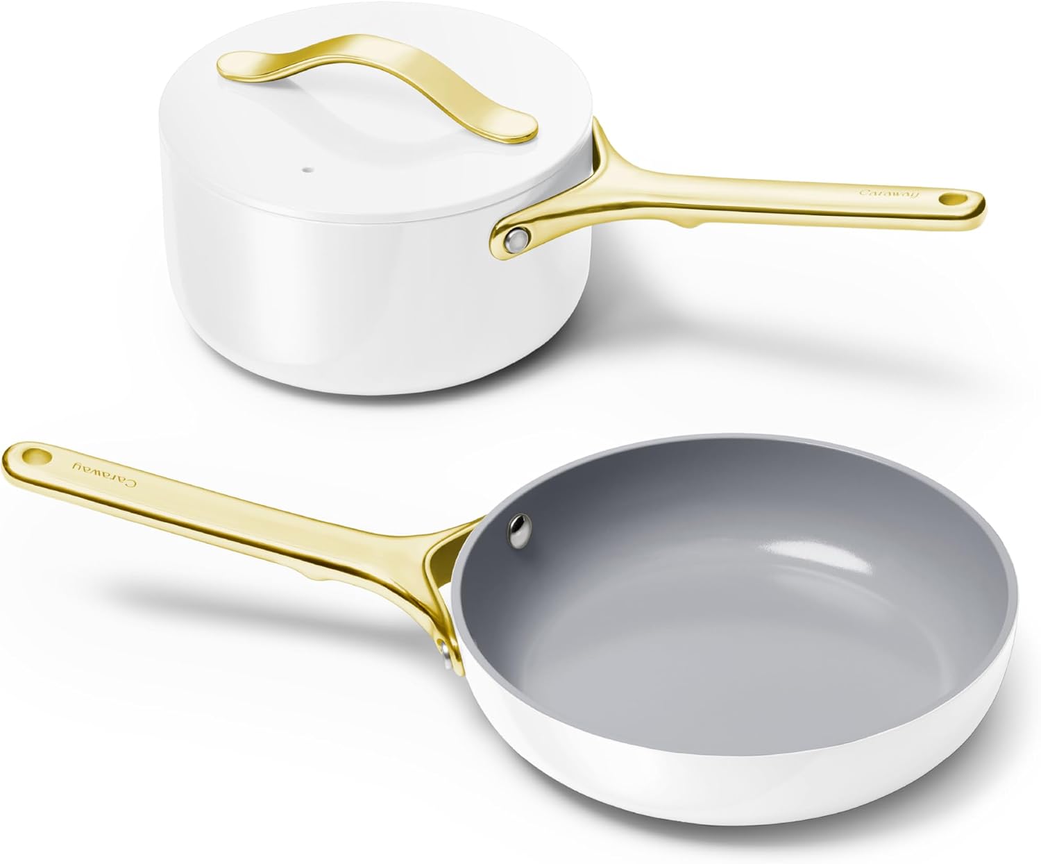 Caraway Mini Cookware Set – Non-Stick Ceramic Fry Pan (1.05 qt, 8″) Sauce Pan (1.75 qt) & Storage Rack – Non Toxic, PTFE & PFOA Free – Oven Safe & Stovetop Agnostic (Gas, Electric & Induction) – White