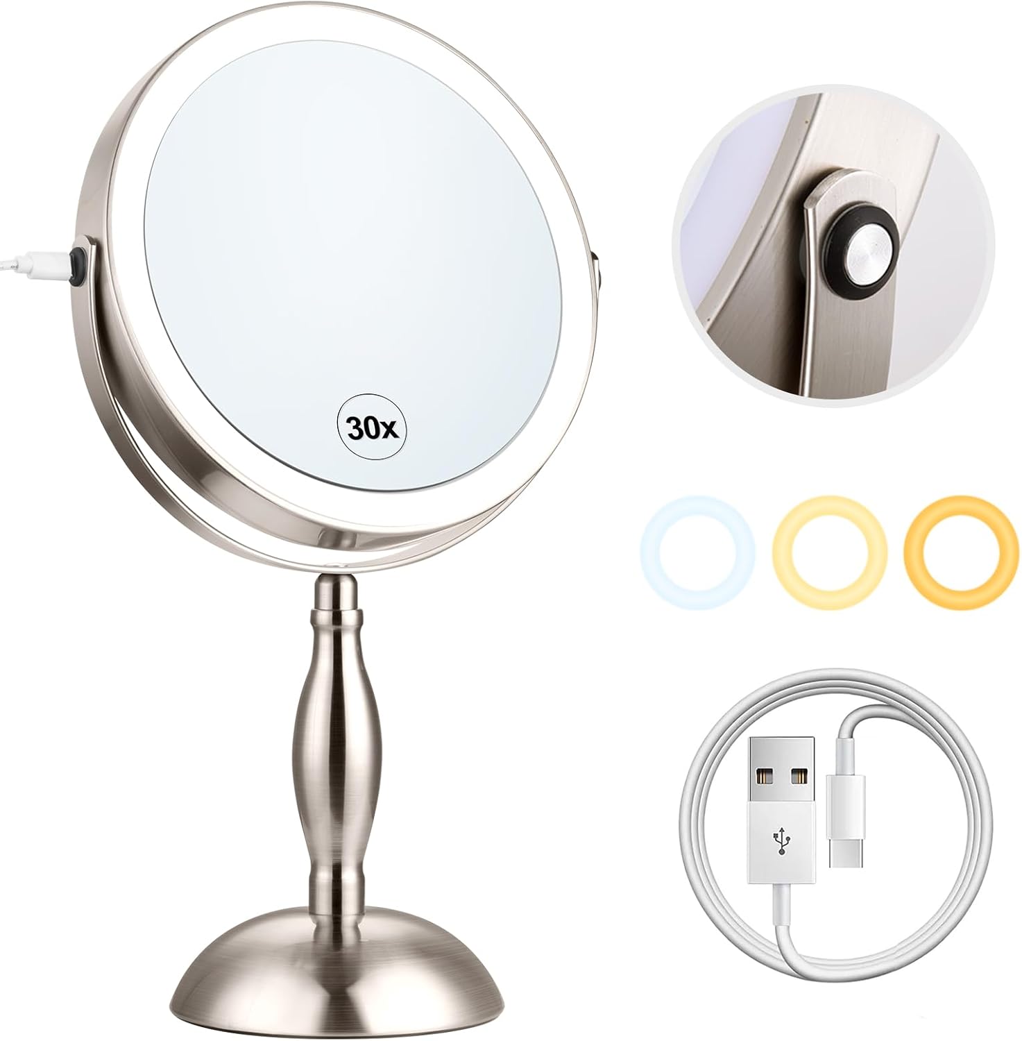 Makeup Mirror with Light – Brushed Nickel, 30x Makeup Mirror with 3 Colors | 5000mAh Vanity Mirror – 360° Rotation, Brightness Adjustable Magnification, Modern Style Side Touch + Side Charge