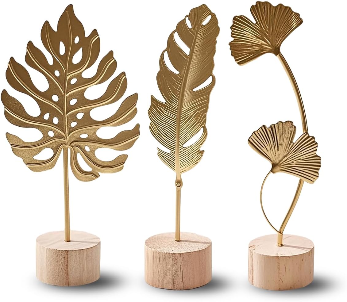 Gold Leaf Home Decor Set – Metal Leaves Statues, Modern Artistic Sculptures for Living Room, Office, Shelf & Home Decorative, Handmade 3D Botanical Accents