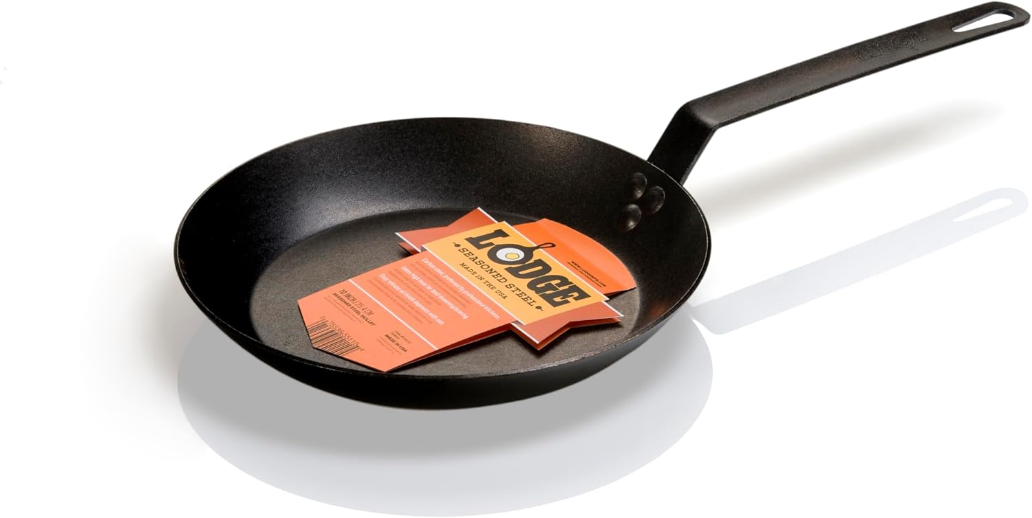 Lodge Seasoned Carbon Steel Skillet – Lightweight High Heat Frying Pan with Long Handle – Quick Temperature Response – Ideal for Searing & Sautéing – 10 Inches