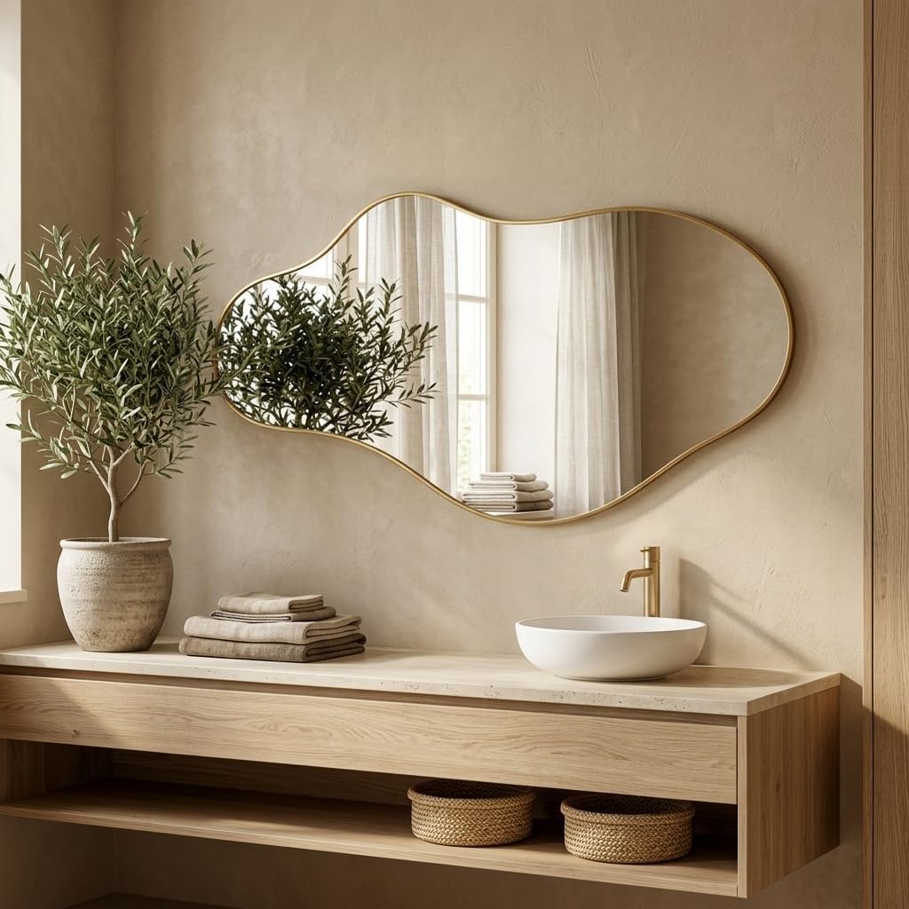 Irregular Wall Mirror 22″x40″ Gold Abstract Asymmetrical Mirrors for Wall, Decorative Wavy Mirror for Entryway, Bedroom, Cloakroom, Living Room, Aluminum Alloy Frame