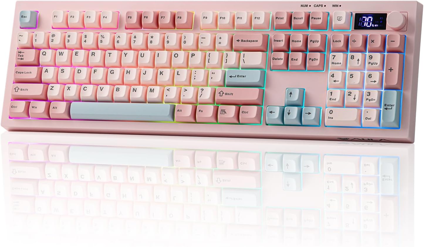 EPOMAKER Aula S102 PRO Membrane Gaming Keyboard w/TFT Screen & Volume Knob | Silent Keyboard w/ Number Pad for PC Game/Office, BT/2.4G/USB, RGB Backlit, Creamy Silicone Structure (Pink)