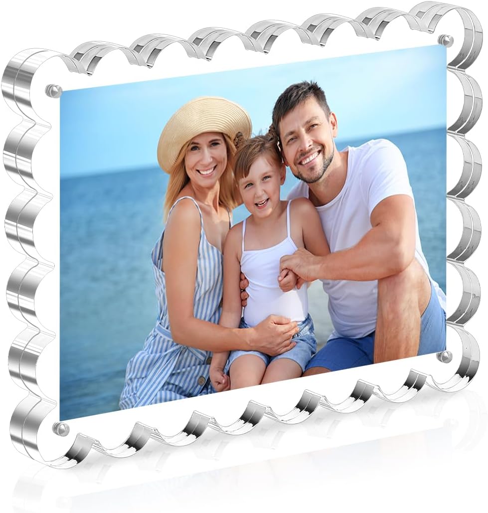 HOUSE DAY Acrylic Picture Frames 5×7 Acrylic Frame, 1 Pack Scalloped Magnetic 5×7 Picture Frame, Double Sided Clear 5 x 7 Photo Frame, Frameless FreeStanding 5 x 7 Picture Frames Gift for Desktop Display