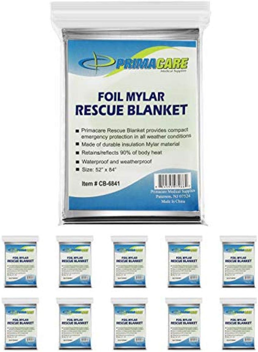 Primacare HB-10 Emergency Mylar Thermal Blankets – 10 Pack, 84″ x 52″, Silver – Reflective, Waterproof, Retains 90% Body Heat – for Survival, First Aid, Outdoors, Camping, EMS