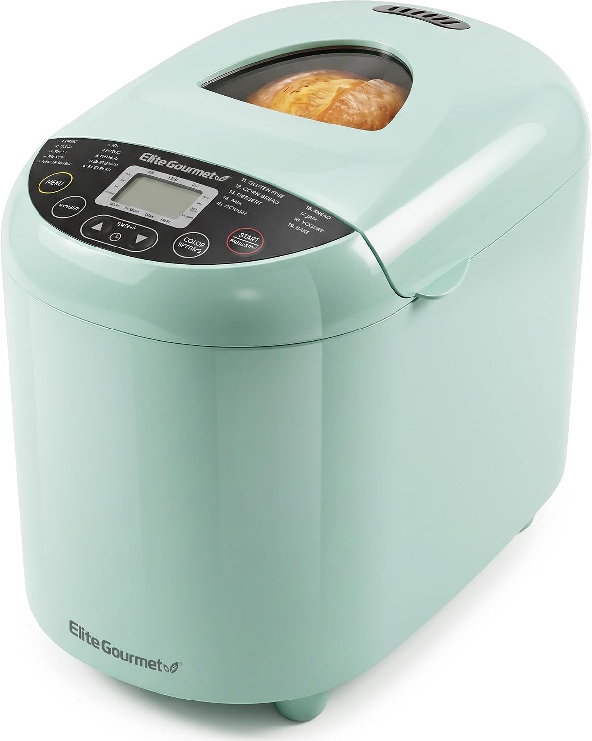 Elite Gourmet Programmable Bread Maker, 2 lb Loaf, 3 Sizes, 19 Presets incl. Gluten-Free, Dough & Jam, Delay Timer, Mint