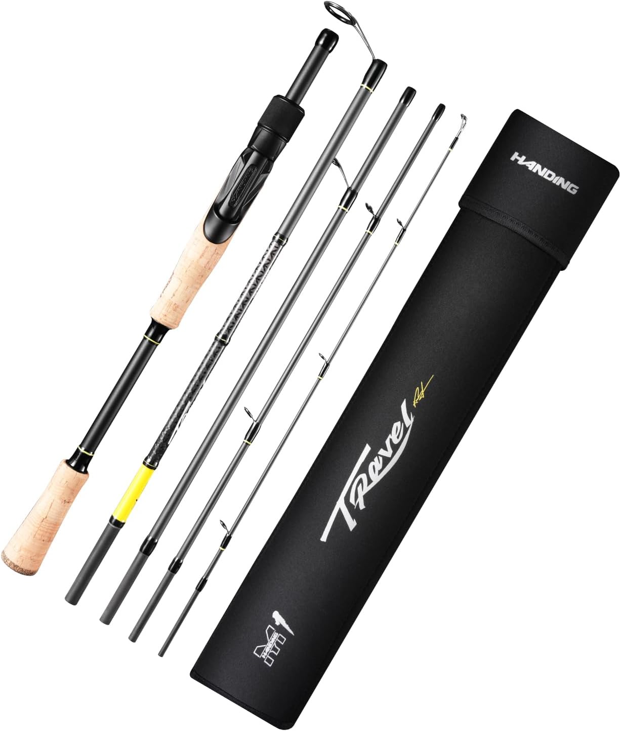 HANDING M1 Travel Spinning Rod, 5/6-Piece Travel Bass Fishing Rod | Medium/Medium Heavy Power Cork Handle for Largemouth Smallmouth Spotted Bass Walleye White Bass Perch and Other Freshwater