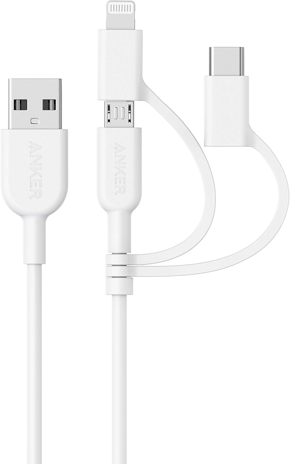 Anker Powerline II 3-in-1 Cable, Lightning/Type C/Micro USB Cable for iPhone, iPad, Huawei, HTC, LG, Samsung Galaxy, Sony Xperia, Android Smartphones, and More(3ft, White) | Compatible with iPhone, iPad, Huawei, HTC, LG, Samsung, Sony Xperia, Android Devices, and More