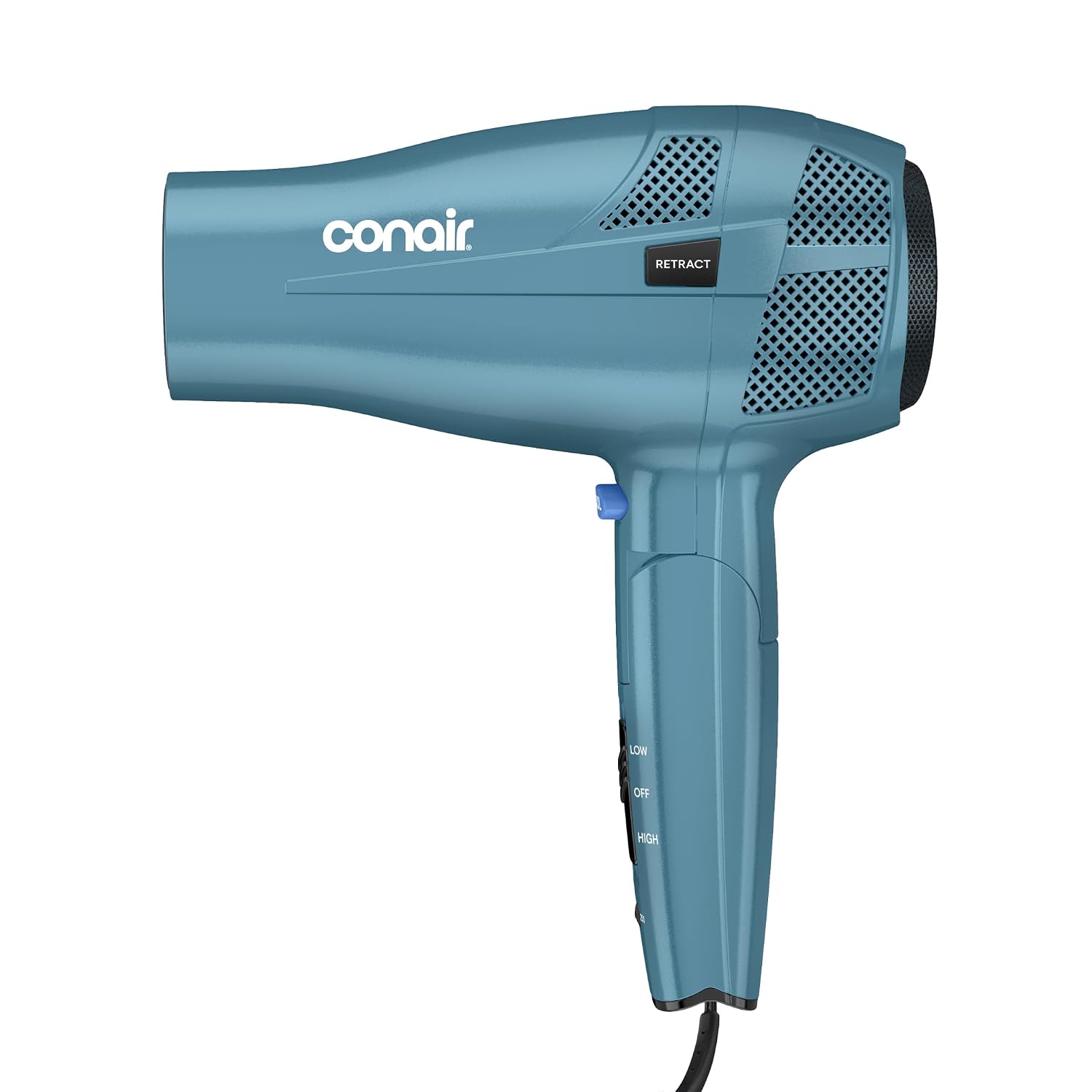 Conair Travel Hair Dryer | 1875W Dual Voltage Folding Handle Retractable Cord, for All Hair Types, Teal, 289L