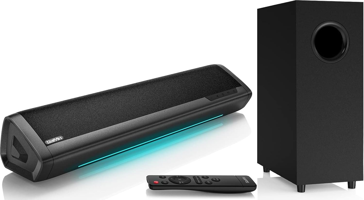 Saiyin Sound Bar with Subwoofer, Home Theater Surround System for TV PC | 5″ Subwoofer, Dual Bass Reflex Ports, Support Optical/AUX/Bluetooth 5.3 Input, Adjustable Bass, With Volume Indicator