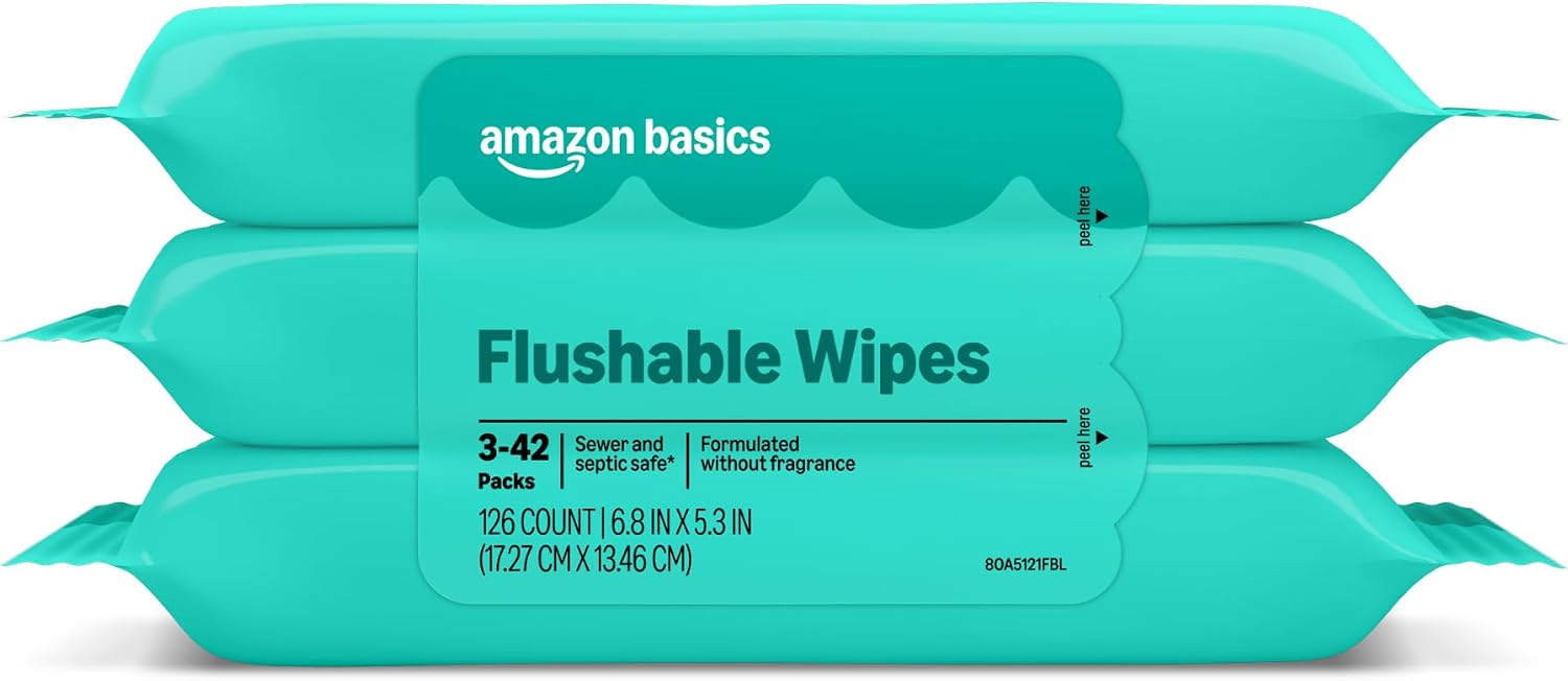 Amazon Basics Adult Wet Wipes Flushable Fragrance Free, 126 Count (3 Packs of 42), Packaging May Vary
