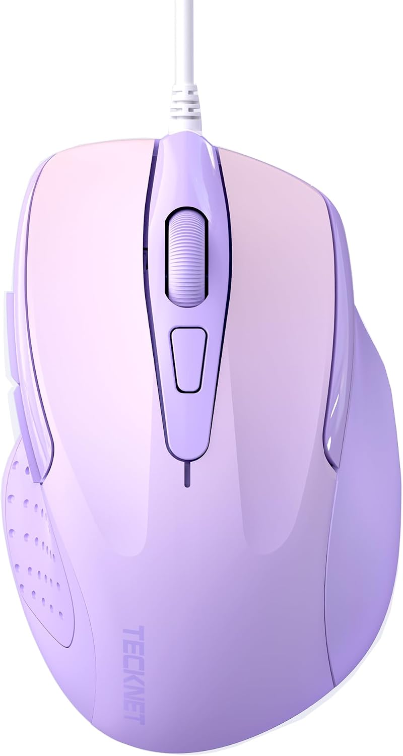 TECKNET Wired Mouse, 6-Button Corded with 4 Adjustable DPI, Optical Ergonomic Design, 5FT Cord for Laptop, Chromebook, PC, Desktop, Mac, Notebook – Gradient Lavender