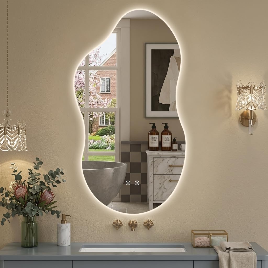 Irregular Backlit Mirror with Lights 20″x36″ Asymmetrical Cloud Mirror Led Bathroom Vanity Mirror for Wall Abstract (Horizontal/Vertical)