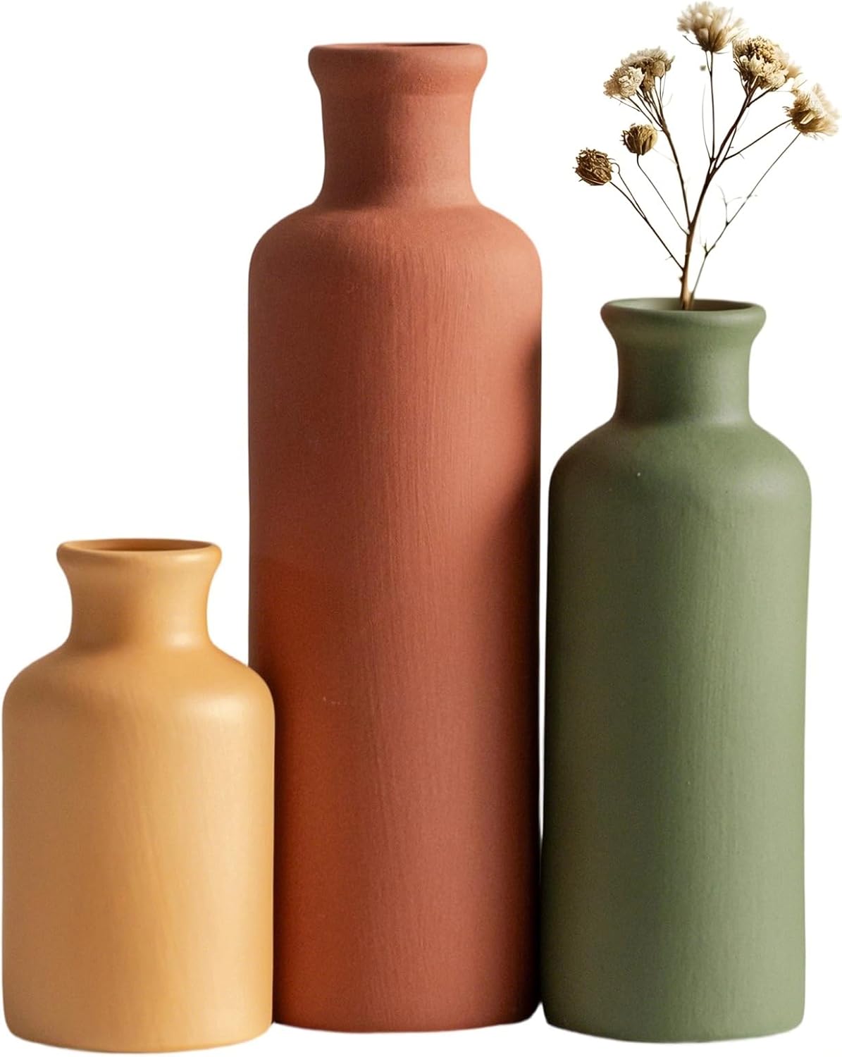 Modern Ceramic Vase Set of 3, Neutral Colors, Decorative Bottles for Home, Farmhouse Rustic Decor, Housewarming Gifts, Wedding Gifts, Bridal Shower Gifts, Birthday Gifts for Women (Green Mix)