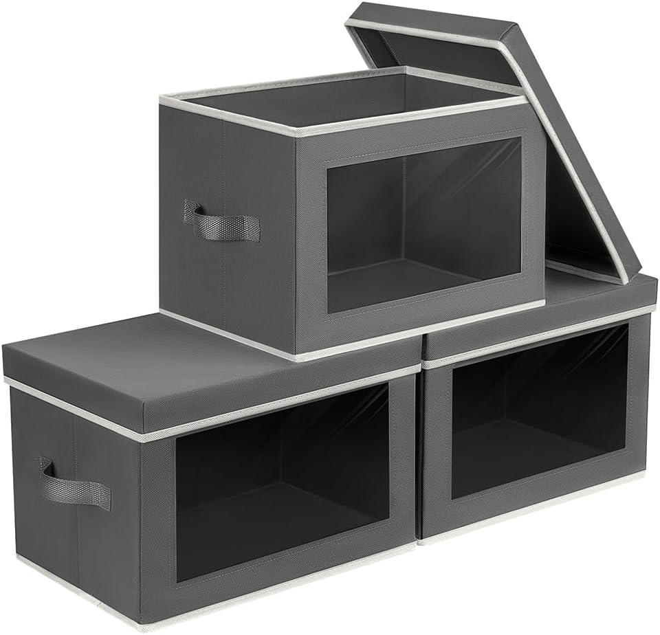 Homsorout Storage Bins with Lids – Fabric Storage Boxe with Window, Collapsible Closet Organizers with Handles, 3 Pack Decorative Bin, Home Cubes Baskets for Clothes, Hat, Books, Dark Grey