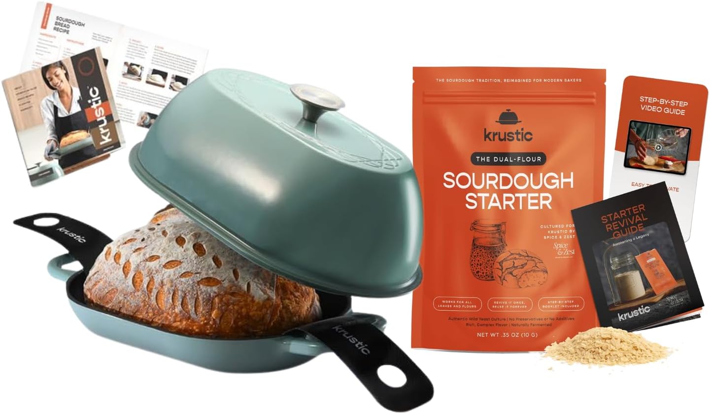 Krustic 5.5 Qt Enameled Cast Iron Dutch Oven for Sourdough Bread Baking with Organic Sourdough Starter – Oval Sea Salt Loaf Pot with Lid & Fast-Activating Starter
