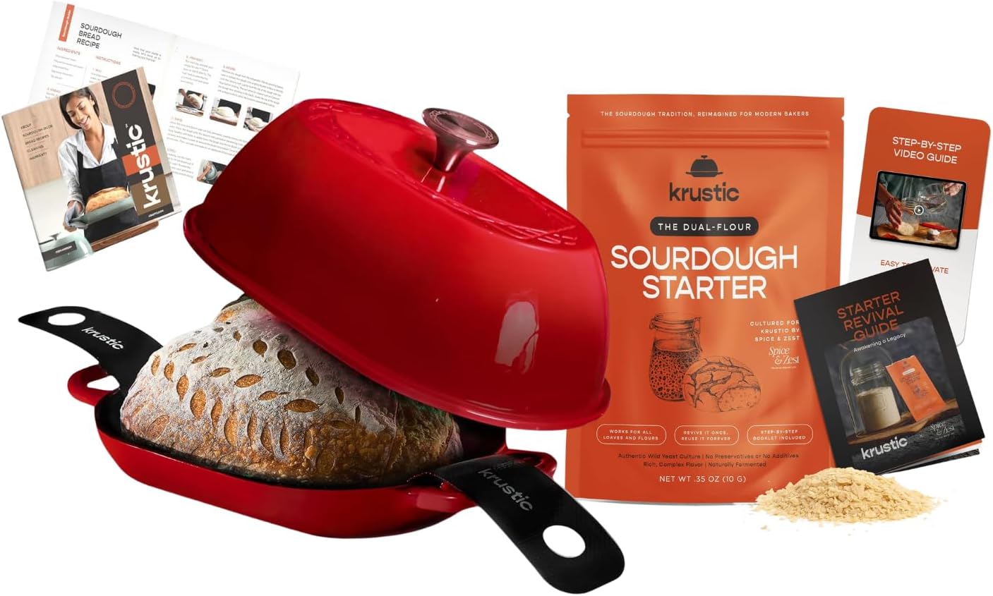 Krustic Enameled Cast Iron Dutch Oven 5.5 Quart Oval Loaf Pot with Lid + Organic Sourdough Starter Culture, Fast-Activating Dehydrated Wild Yeast for Artisan Bread Baking