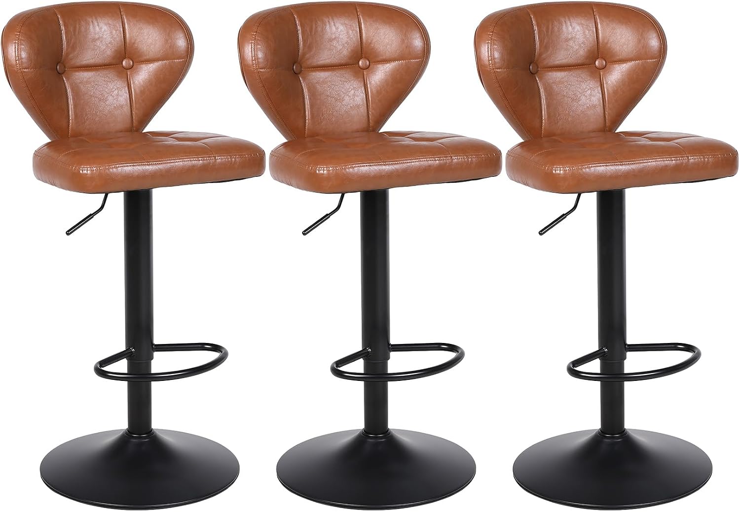 Bar Stools Set of 3 – Swivel Counter Height Barstools/Chairs (Height Adjustable) – Modern Faux Leather Barstool with High Backrest, 16.14″ Large Base, Suitable for Kitchen Island, Dining Room (Brown)